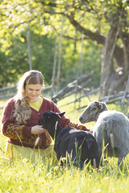 Piia Aaltonen z owcami Finnsheep na farmie Vuonue w Finlandii